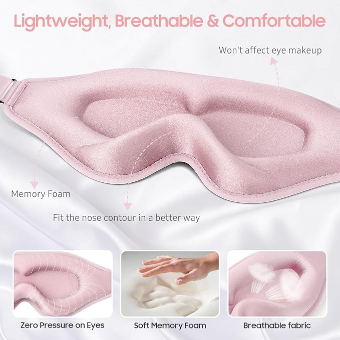 Sleep Mask, Premium Eye Mask for Sleeping, Total Blackout, Super Soft Comfort, Adjustable Fit, Upgraded 3D Ergonomic Designed Sleeping Mask for Home, Office, Travel, Meditation, Yoga, Pink