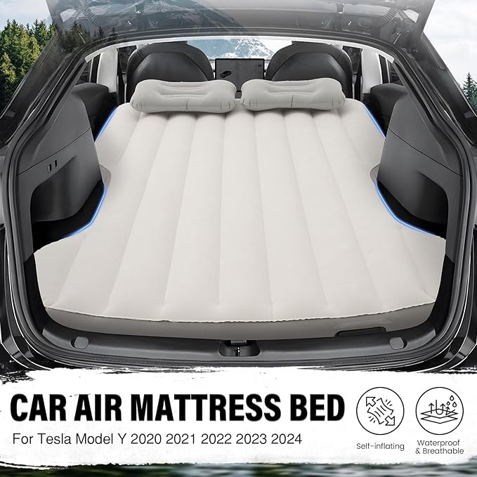 Self-Inflating Car Air Mattress for Tesla Model Y 2025 2024-2020 / Model Y Juniper 2026 Accessories Outdoor Camping Air Bed with 2 Pillows Built-in Pump Air Couch Flocking Air Cushion (Beige&Gray)