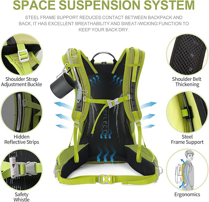 Hiking Backpack, Waterproof Hiking Daypack with 3L Water Bladder and Rain Cover, Lightweight Travel Camping Backpack for Men Women (Fruit green)