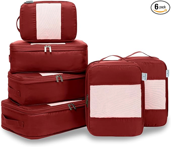 6-Pack Compression Packing Cubes Travel Essentials - Lightweight, Water-Resistant Luggage Organizer Bags with Handles, Durable Travel Accessories Suitcase Organizer (Burgundy)