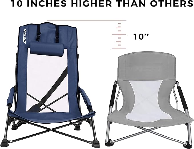 SPORT BEATS Low Beach Chairs Set of 2 Folding Beach Chairs High Back Support with Head Pillows Shoulder Straps