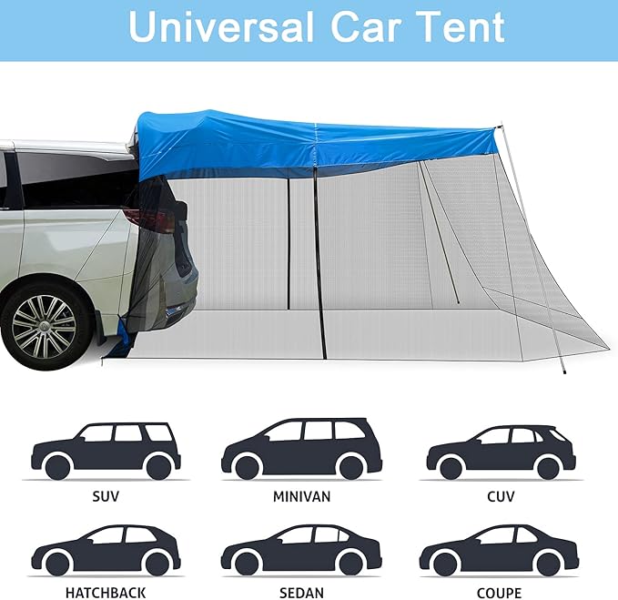 G4Free Car Awning Sun Shelter with Mosquito Net, Portable SUV Tent Tailgate Shade Car Canopy for Outdoor Camping Travel (Blue)