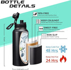 32-40-64OZ Stainless Steel Water Bottle - Black Water Bottle with Straw & Spout Lid, Paracord Handle & Bottle Sleeve, Insulated Vacuum Water Flask Double-Wall Metal Thermo Cup Canteen for Gym School