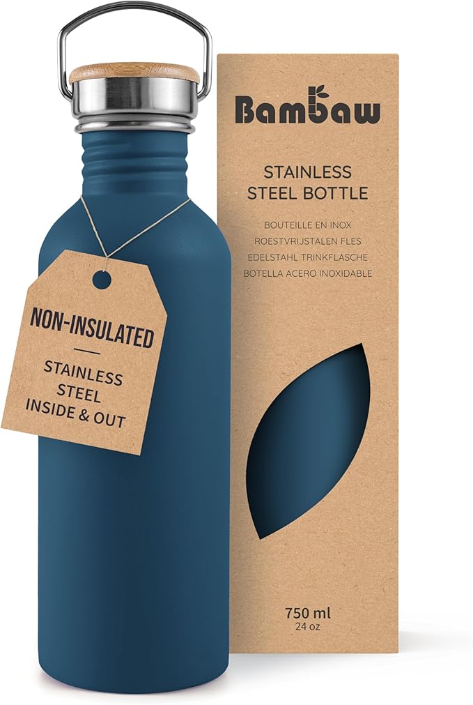 Bambaw Stainless Steel Water Bottle, 750 ml, Blue Sports Bottle, Non-Insulated Water Bottle, 750 ml Stainless Steel Bottle, Reusable Bottle, BPA-Free Flask – Sapphire Blue