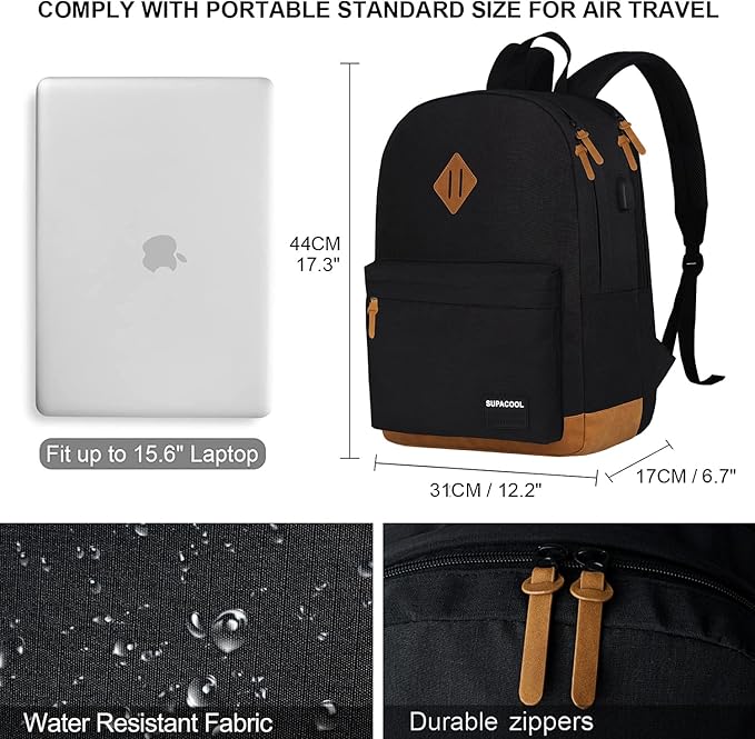 SUPACOOL Casual Laptop Backpack, Lunch bag, Pencil bag, School backpack with USB Port for Men and Women, Bookbag for Boys and Girls, Backpack Set(3PCS Black)