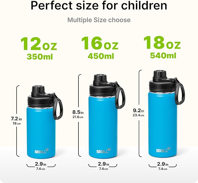Kids Water Bottle with Spout Lid-12 oz Small Insulated Sports Water Bottle for School-Reuasble Stainless Steel Vacuum Travle Leak Proof Water Flask (Sky Blue)