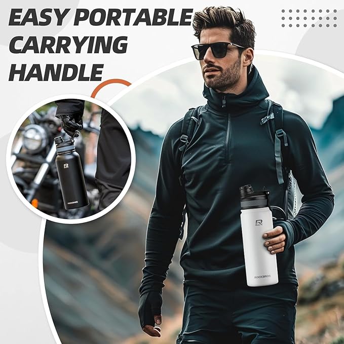 ROCKBROS Insulated Water Bottle with Straw, Stainless Steel Sports Water Cup Flask Leak Proof with Handle Keep Warm and Cold for Hiking, Cycling, Bike Travel, School Sports, Gym