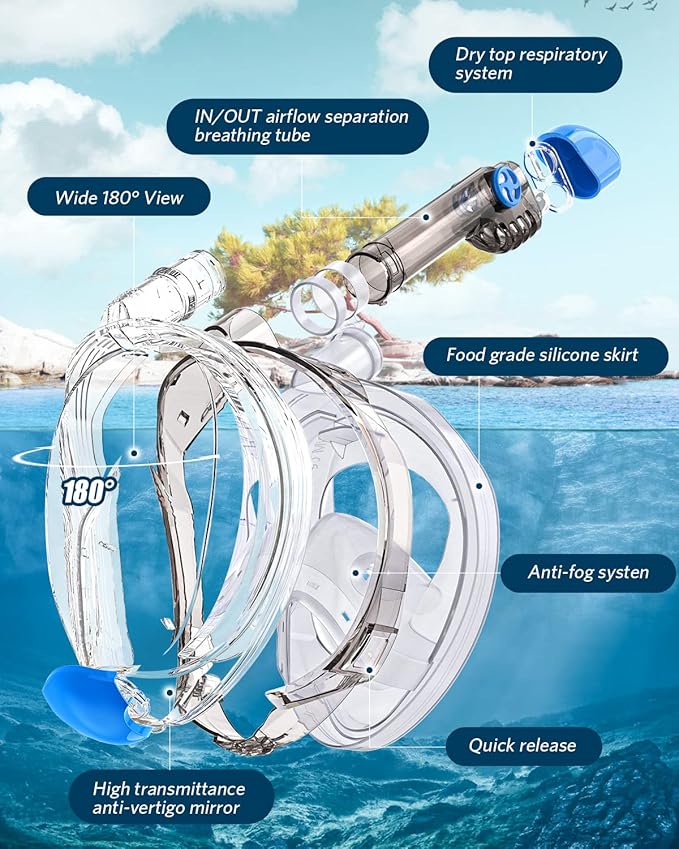 QingSong Full Face Snorkel Mask for Adults, Snorkeling Gear with Camera Mount, 180 Degree Panoramic View Snorkel Set Anti-Fog Anti-Leak