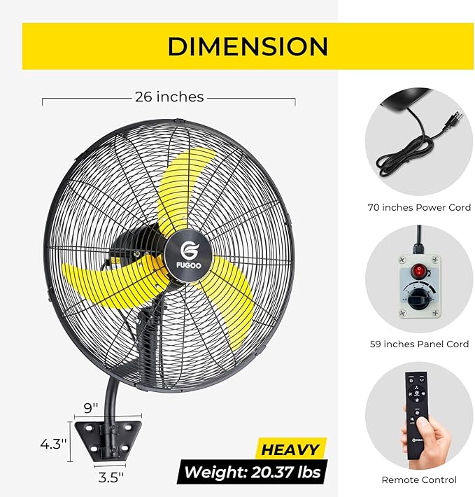 FUGOO 24" Quiet Outdoor Oscillating Wall Mount Fan With Remote Control,All Sealed BLDC Motor,4-Speed Waterproof Outdoor Fan, Heavy Duty Industrial Wall Fans for House,Patios,Garage,Warehouse 5000CFM