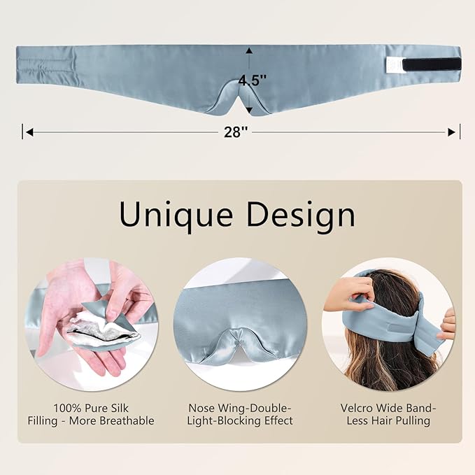 ZIMASILK 100% 22 Momme Mulberry Silk Sleep Mask - Full Silk Filled, Ultra-Soft & Breathable, Face-Hugging Blackout Eye Cover for Sleeping (Bluestone)