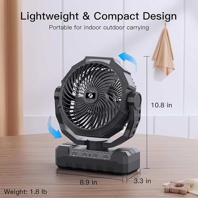 FRIZCOL 3-in-1 Camping Fan - Portable Fans Rechargeable - 24000mAh Battery Powered Fan(140Hrs) with Light & Remote for Indoor, Outdoor, Tent, Travel, BBQ, Fishing, Jobsite - Black