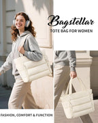 Puffer Tote Bag for Women, Lightweight Puffy Work Handbag Teacher Nurse Quilted Shoulder Bag for School Travel Gym