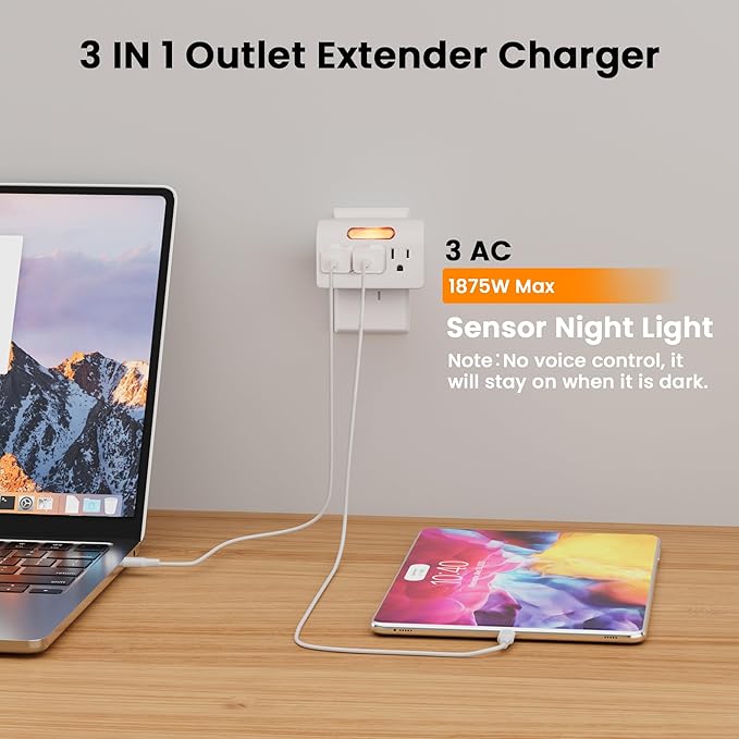 3-Outlet Extender 2PK, 3-Prong Grounded Wall Tap Adapter with LED Guide Light, White 1875W Multiple Plug Electrical Outlets Splitter for Home, Office, Hotel, Travel, ETL Listed, Cruise Essentials