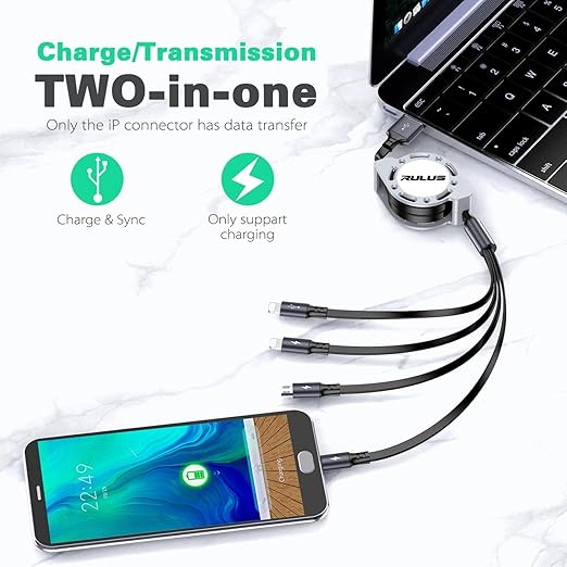 4 in 1 Multi Charging Cable [2Pack 4Ft], Retractable Multi Fast Charger Cable Adapter Travel Charger for Multiple Devices with Lightning/Type C/Micro USB Ports for iPhone/Samsung Galaxy/Tablets/More