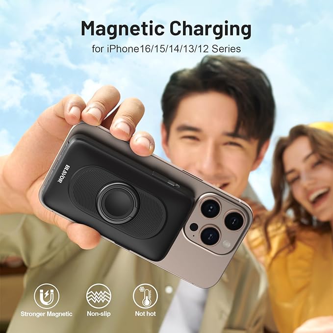 BLAVOR for Magsafe Portable Charger with Built-in Cables, USB C 20W Fast Charging, 10000mAh Magnetic Wireless Power Bank, Battery Pack with Stand for iPhone 16/15/14/13/12, Powerbank for Apple Watch
