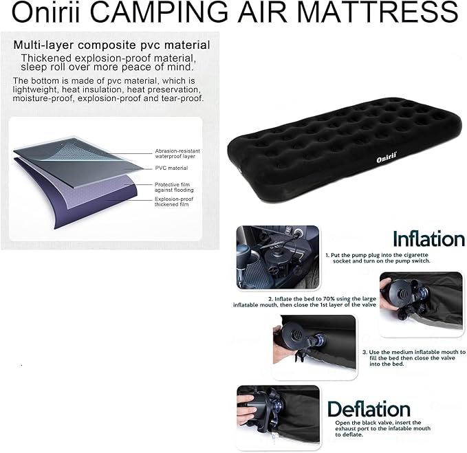 Twin Size Single Camping Air Mattress Bed with Air Pump,Inflatable Travel Air Mattress,Thickened Portable Blow Up Sleeping Bed Pad for Truck Tent Camping/Home/Hiking(Black)