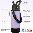 BJPKPK Insulated Water Bottle with Straw Lid, 22oz Thermo Water Bottles with 3 Lids, Paracord Handle & Non-slip Boot, BPA Free Leak Proof Stainless Steel Tumblers,Lavender