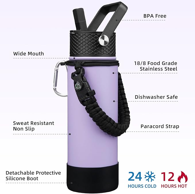 BJPKPK Insulated Water Bottle with Straw Lid, 22oz Thermo Water Bottles with 3 Lids, Paracord Handle & Non-slip Boot, BPA Free Leak Proof Stainless Steel Tumblers,Lavender