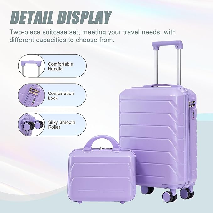 Kids Luggage Sets for Girls, 2 Piece Luggage Set, 20 Inch Rotating Wheel Suitcase with 14 Inch Cosmetic Case, Lightweight Hardshell Suitcase with 360° Spinner Wheels for Travel (Purple)