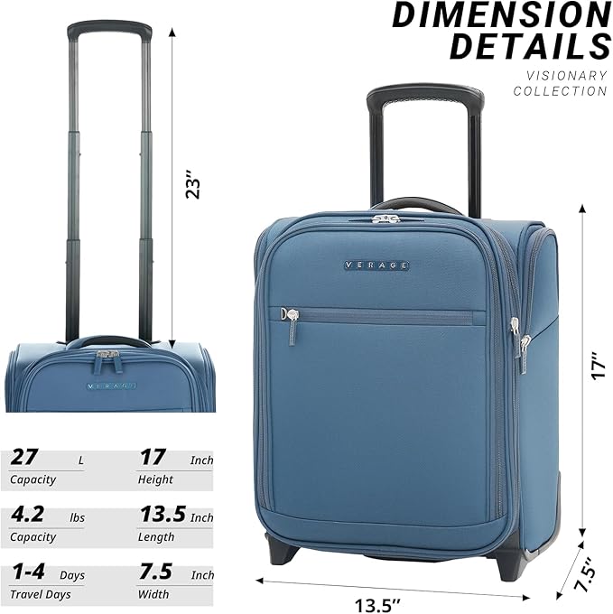 Verage Carry On Underseat Luggage with 2 Wheels & USB Port, 16 Inch Coast Blue Wheeled Spinner Bag Carry-on Luggages for Airlines, Lightweight Suitcase Men Women, Pilots and Crew