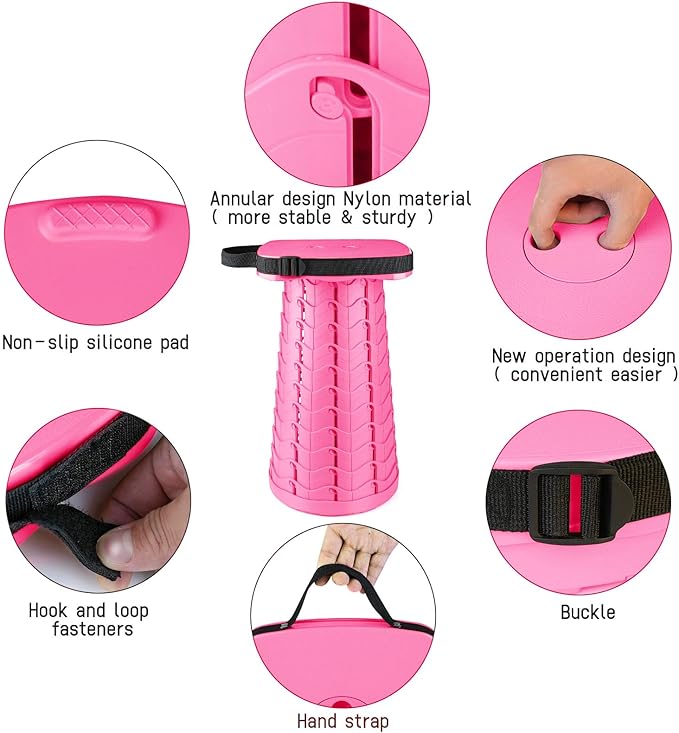 Upgraded Folding Stool - 485lbs Load Capacity,Telescopic Stool,Portable Collapsible Seat for Camping,Fishing,Hiking,Travel (Square-Pink)