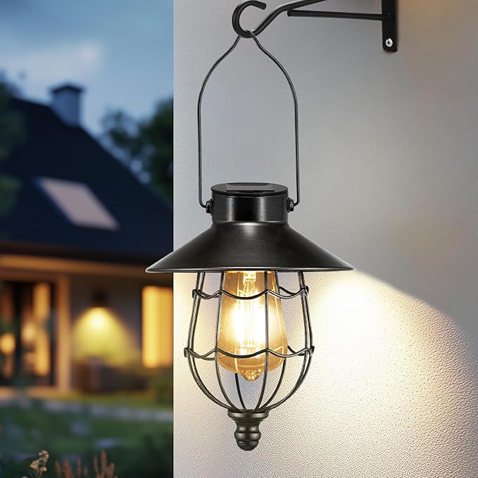 Solar Lanterns Outdoor Hanging Metal Vintage Lantern Warm White Solar Lights lamp Waterproof Edison Bulb Design for Pathway Garden Patio Yard Tree Decoration (Black)