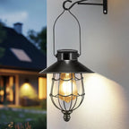 Solar Lanterns Outdoor Hanging Metal Vintage Lantern Warm White Solar Lights lamp Waterproof Edison Bulb Design for Pathway Garden Patio Yard Tree Decoration (Black)