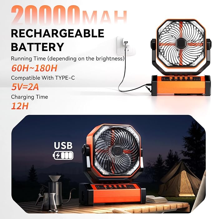 Camping LED Fan with Light, 20000mAh Rechargeable Battery Powered Outdoor Tent Fan with Light and Hook, 4 Speed, Personal USB Desk Fan for Camping, Fishing, Power Outage,Hurricane, Worksite