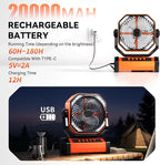 Camping LED Fan with Light, 20000mAh Rechargeable Battery Powered Outdoor Tent Fan with Light and Hook, 4 Speed, Personal USB Desk Fan for Camping, Fishing, Power Outage,Hurricane, Worksite