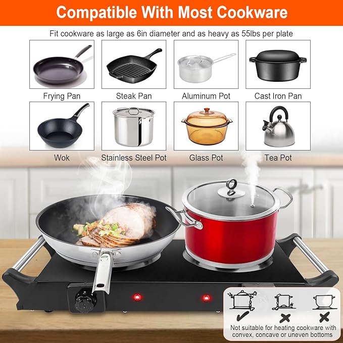 Hot Plate, 2000W Portable Electric Stove for Cooking with Stay Cool Handles & 5 Levels Adjustable Temperature, Countertop Double Coil Burner for RV Home Camp Compatible for All Cookwares,Black