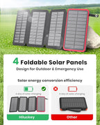 Hiluckey Solar Charger 25000mAh, Outdoor USB C Portable Power Bank with 4 Solar Panels, 3A Fast Charge External Battery Pack with 3 USB Outputs Compatible with Smartphones, Tablets, etc. (Red)