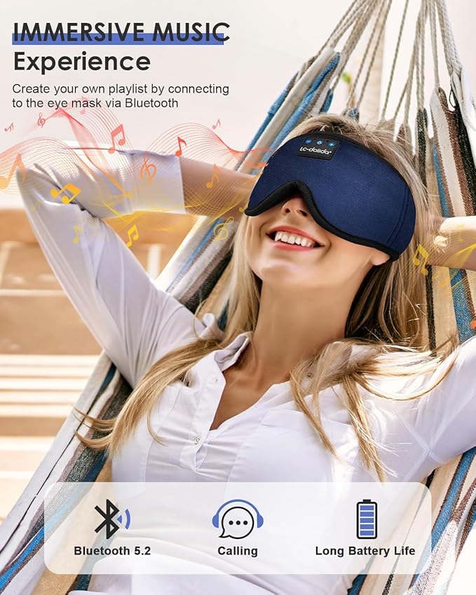 LC-dolida Sleep Headphones, Sleep Mask Bluetooth Wireless Music Eye Mask, Sleeping Headphones for Side Sleepers Sleep Mask with Bluetooth Headphones Ultra-Thin Stereo Speakers Perfect for Sleeping