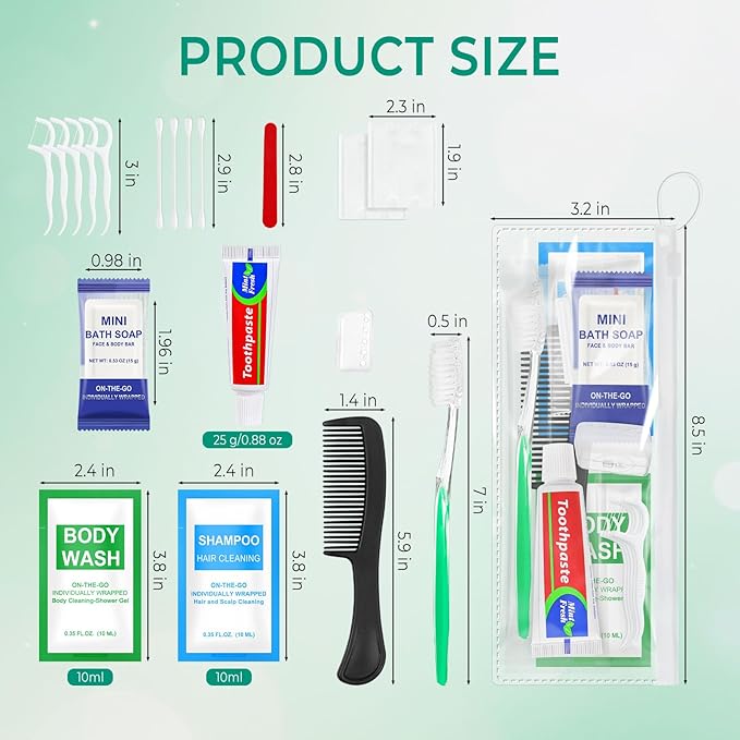 10 Sets Personal Hygiene Kit Bulk,10-IN-1 Green Individually Wrapped Disposable Travel Toothbrushes and Hotel Vanity Set Basic Toiletry Supplies for Homeless,Guests,Charity