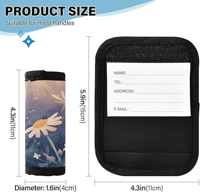2Pcs Luggage Handle Wrap Suitcase Identifier Handle Covers Tags Soft Travel Bags Luggage Handle Gripper Accessories for Airplane Flying Dragonfly and Daisy