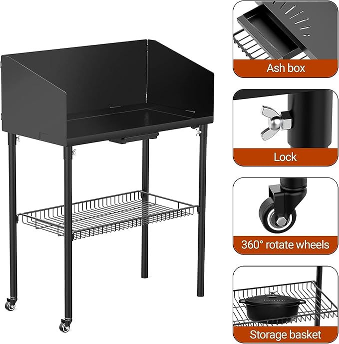 only fire Outdoor Camp Cooking Table for Dutch Ovens and Food Preparation, Collapsible Grill Table Camping Kitchen Station with Side Windscreen & Storage Basket for Backyard BBQ Picnic RV