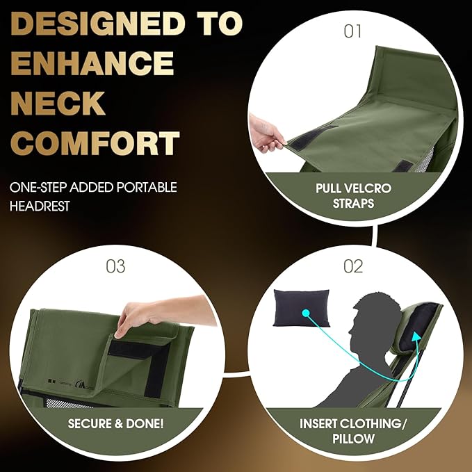 MOON LENCE High Back Folding Camping Chair, 330lbs Portable Compact Chair with Wide Seat & Ergonomic Back Support (Green)