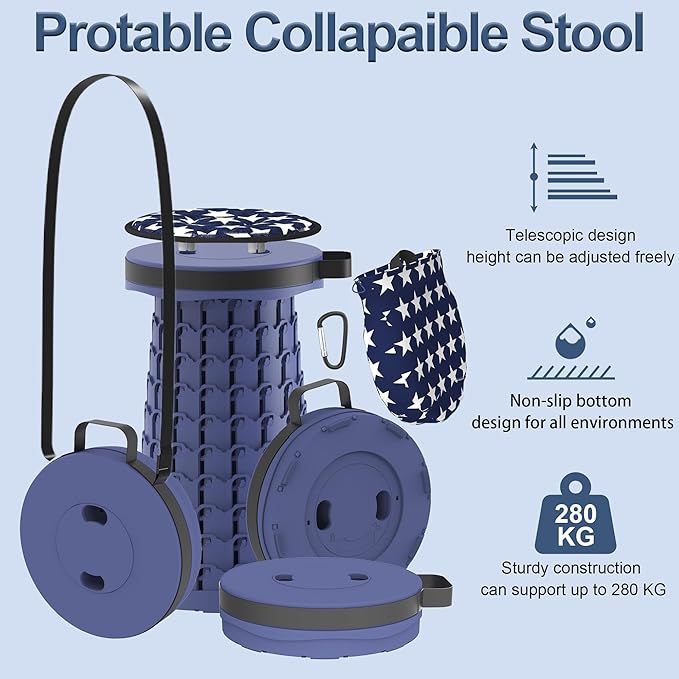 ALEVMOOM 2025 Upgraded 18.1" Collapsible Stool with Cushion & Carry Bag, 600lbs Max Weight Portable Telescoping Stool, More Sturdy Lightweight Retractable Seat Folding Chair for Camping & Outdoors