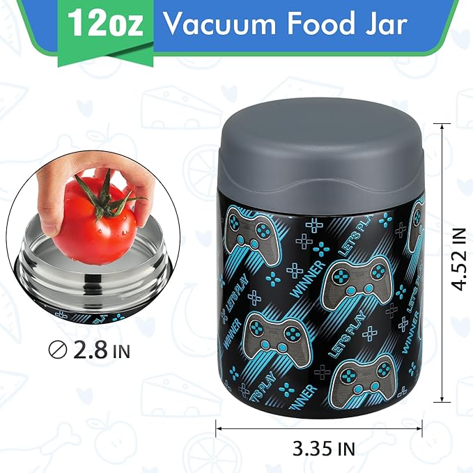 12oz Soup Thermo for Hot Food Kids Insulated Food Jar Wide Mouth Lunch Container Leak Proof Stainless Steel Vacuum for School Office Travel Outdoors Black-Gamepad