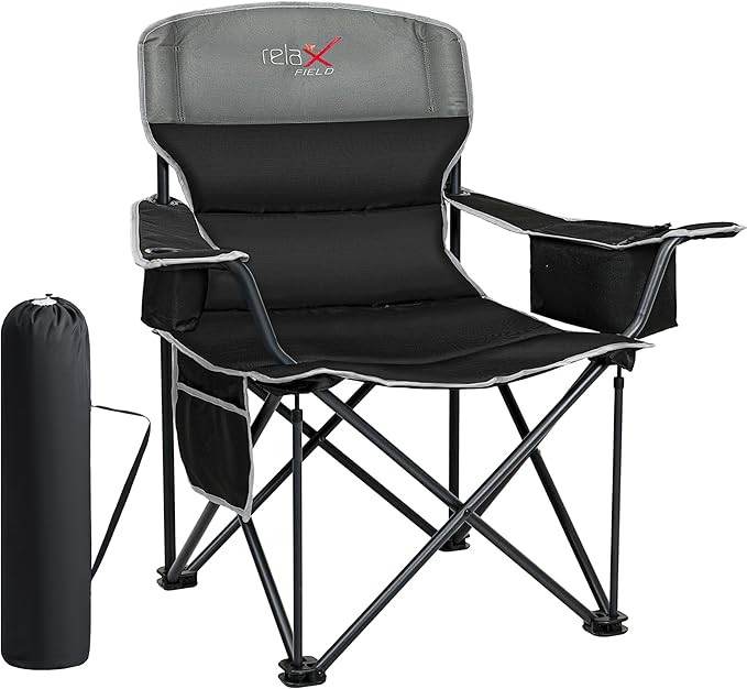 Oversized Folding Camping Chair, Heavy Duty Support 500LBS Outdoor Chair with Cup Holder Storage and Cooler Pouch, Collapsible Padded Arm Chair for Sports Garden Beach Fishing, Black