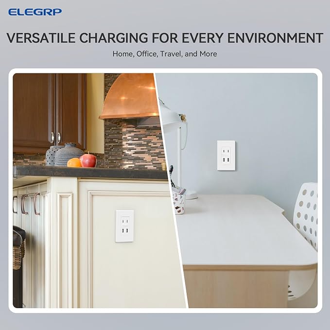 ELEGRP 42W Fast Charge & Power Delivery 4-Port USB Charger, Wall Outlet with 4 USB Ports, UL/CUL Listed, Wall Plate Included, 2 Pack, Matte White