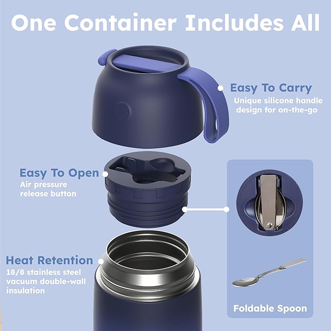 Thermo for Hot Food for Adults Kids |Wide Mouth, 18 oz Insulated Food Container with Spoon, Leakproof Soup Thermo for School Office Travel, Thermal Steel Food Jar Easy to Carry (Dark Blue)