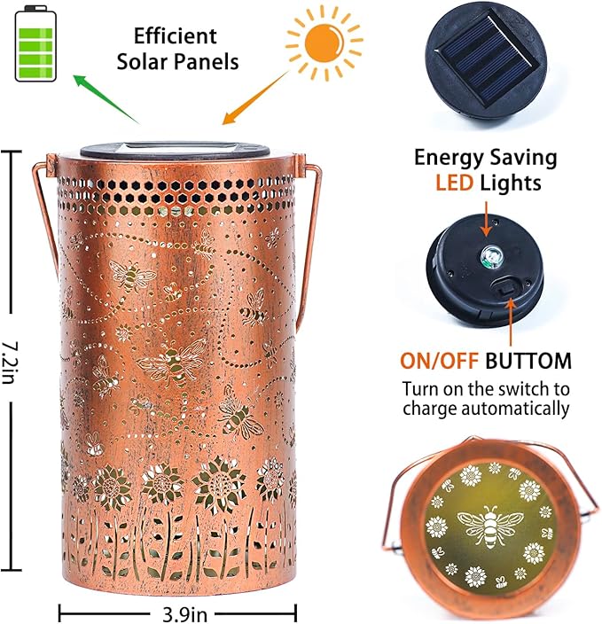 Bee Solar Lanterns Outdoor Waterproof Hanging Solar Lights Bee Gifts for Women Men Metal Honeybee Decorative LED Lanterns for Yard, Patio, Lawn, Tabletop, Pathway, Landscape, Garden Decor