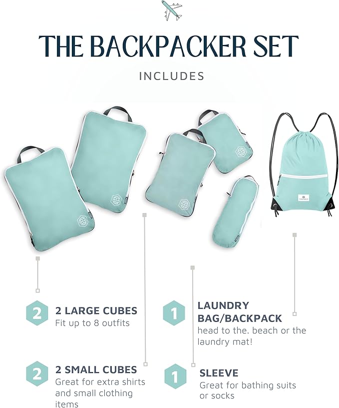 Extra Large Compression Packing Cube 6 Piece Set for Travel and Check Luggage by TRIPPED Travel Gear