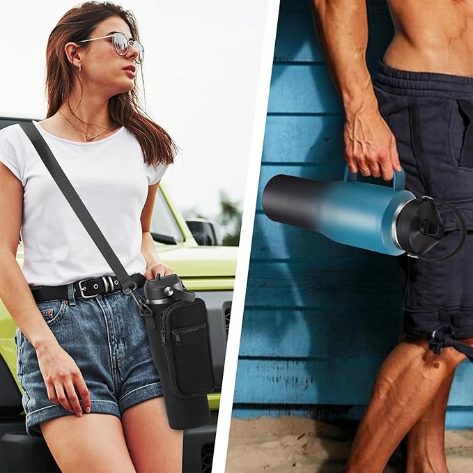 32 40 OZ Insulated Water-Bottle with Handle - Straw & Chug Lid, Strap Carrier Bag & Protective Boot, Stainless Steel Coffee Travel Tumblers, Leak-Proof, Skinny Flask Fit in Car Cup Holder