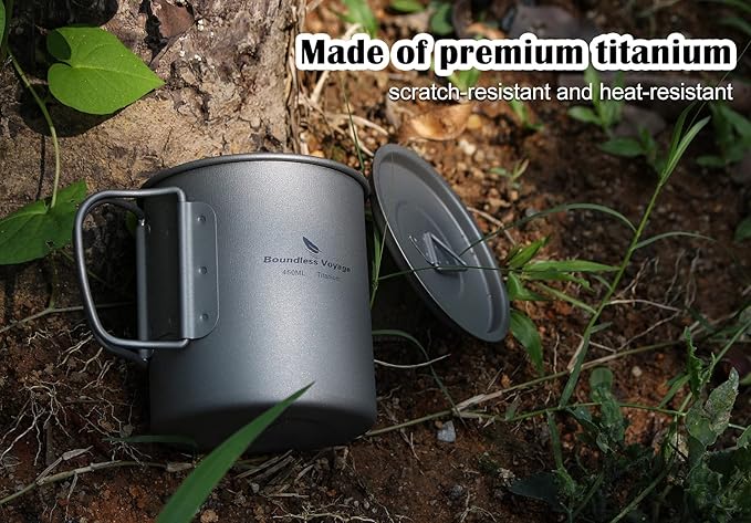 iBasingo 450ml Titanium Mug with Lid Tea Coffee Water Cup Outdoor Camping Pot Ultra-light Portable Hiking Backpacking Cooking Kit Picnic Tableware Drinkware with Foldable Handle Ti3035D