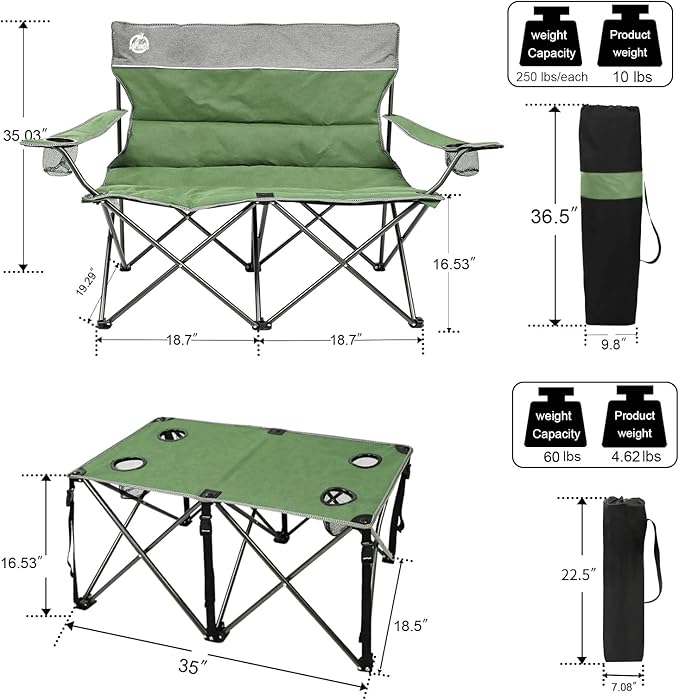 Northroad Folding Camping Chair Set of 4, Portable Collapsible Conversation Set w/1 Sofa, 2 Single Chairs, 1 Table for Family Patio, Outdoor Travel, Beach(Green)