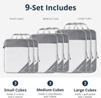 9 Set Compression Packing Cubes for Travel - Compressible, Lightweight, and Space-Saving Packing Cubes, Travel Essentials for Women, Grey