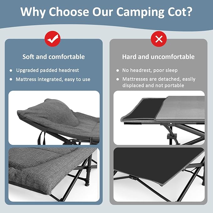 Camping Cot, Folding Cot Bed for Adults with Built-in Mattress and Pillow, Portable Outdoor Sleeping Cot for Camping and Travel, with Carry Bag, Grey, Max Load 450 LBS