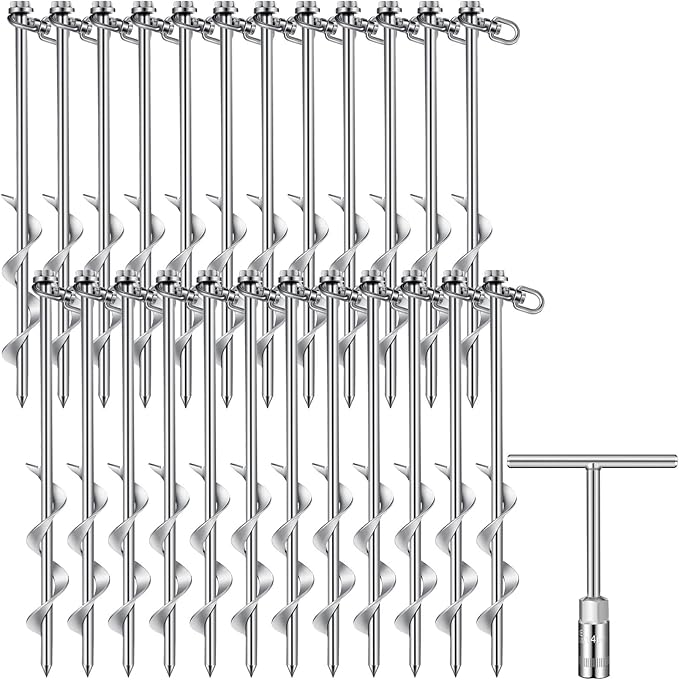 Zhengmy 24 Pcs Ground Anchors Screw in, 12 Inch Heavy Duty Tent Stakes with Trampoline Anchor Hook Ground Stakes for Camping Tent Canopies Ports Sheds Swing Sets Securing Animals (Silver)