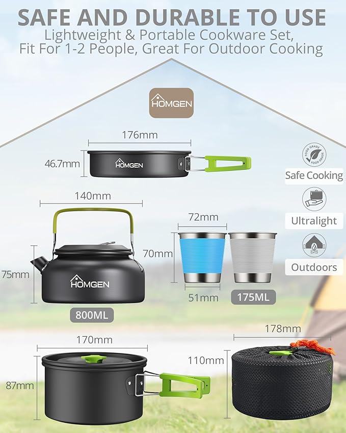 HOMGEN 12-Pieces Ultralight Anodized Aluminum Camping Cookware Set for 2 People - Nesting Pot/Pan with Foldable Handles 800ml Insulated Teapot & Stainless Cups for Camping Hiking